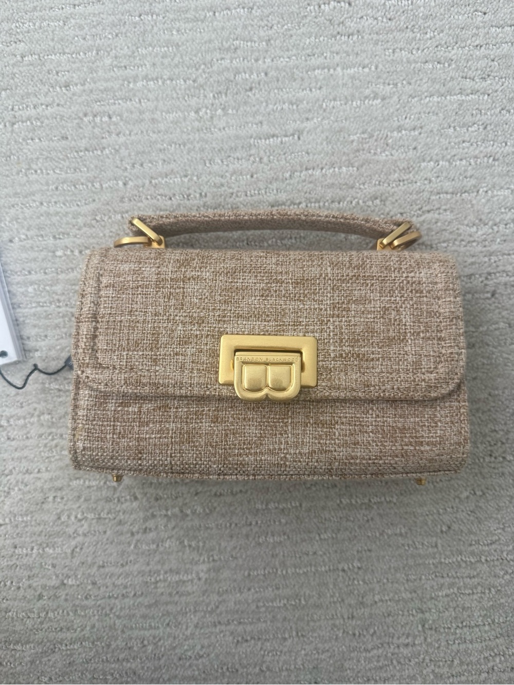 Brandon Blackwood Beige Tweed Mini Top-Handle Bag with Gold Hardware